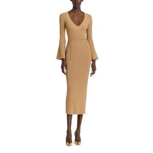 Michael Kors Women Camel Wool Knit Bell Sleeve V-neck Midi Sweater Dress Size M